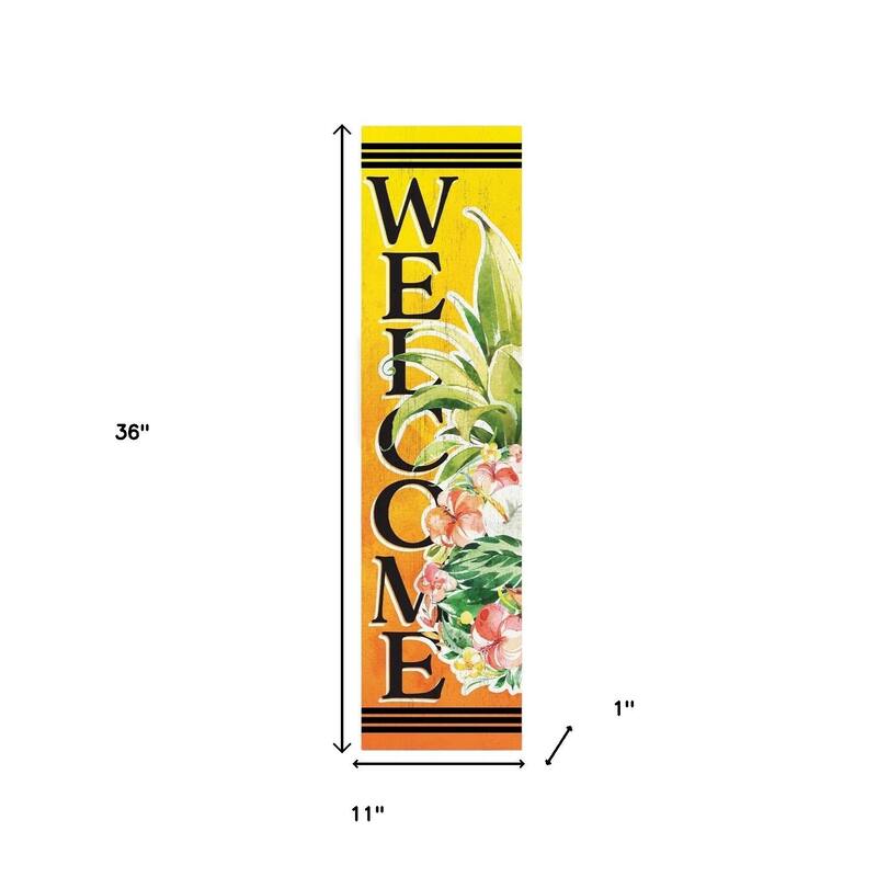 HomeRoots 36" Yellow Black And Green Solid Wood Tropical Floral Welcome Porch Sign