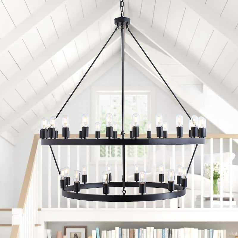 Black 36-Light Farmhouse Wagon Wheel Industrial Large Round Chandelier