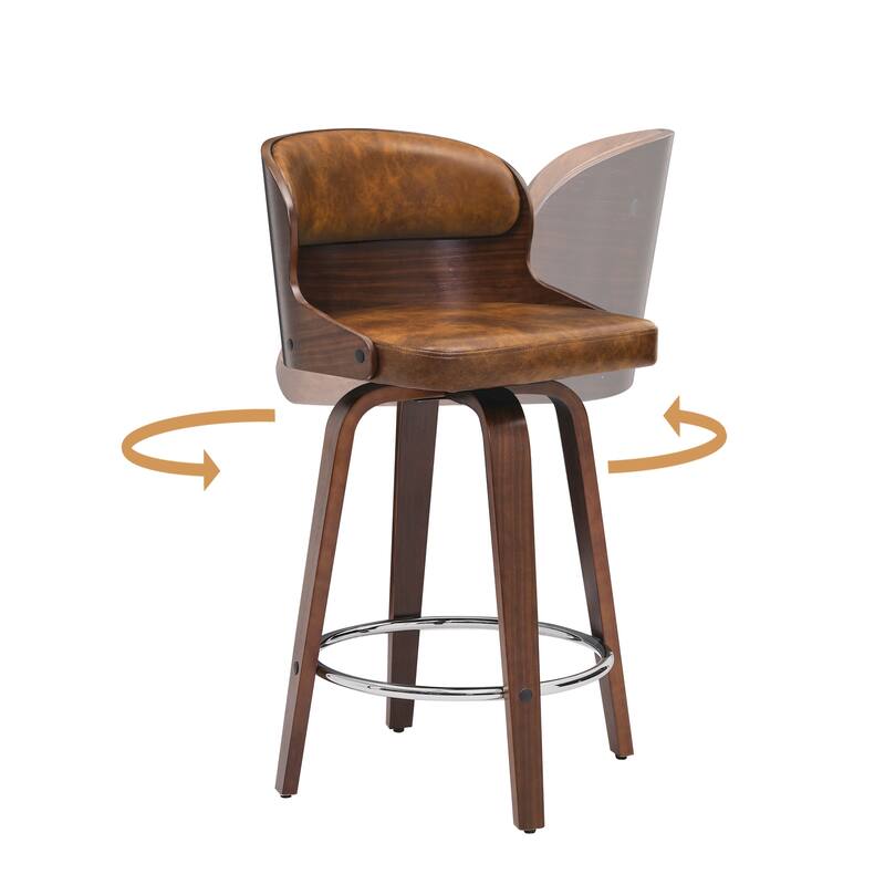26 in. Counter Height Stool, Wooden Swivel Barstool PU Leather with Low Back - Set of 2 - Brown