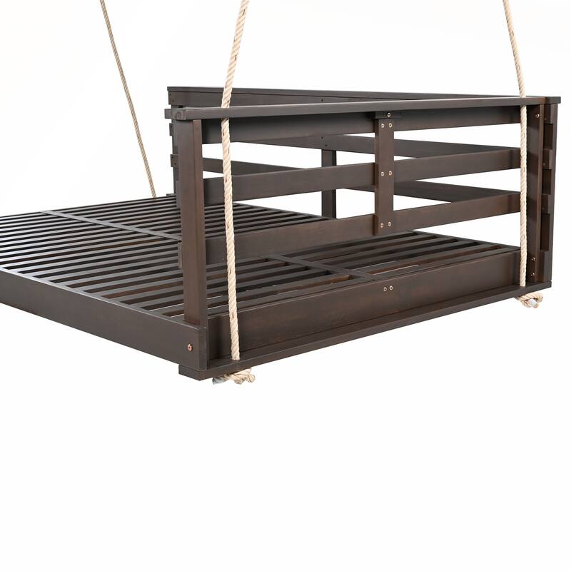 Durable Acacia Wood Porch Swing Bed with Hemp Ropes for Patio and Garden