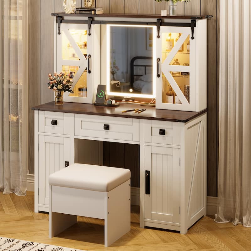 43.3" Farmhouse Vanity Set with LED Mirror & Charging Station