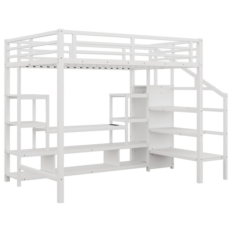 Full Size High Metal Loft Bed Frame with Entertainment TV Stand, Shelves, LED Light Strip, Charging Station, Staircase Wardrobe