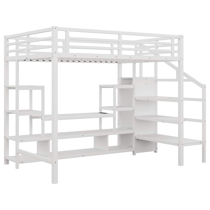 GDF Studio - Hawthorne Loft Bed with TV Cabinet, Staircase, Wardrobe, and LED Light (Full Size)