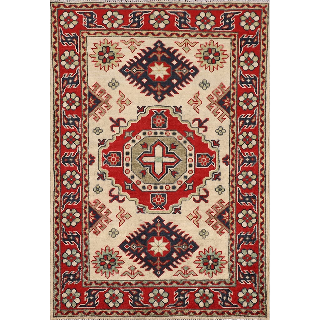 Geometric Kazak Oriental Accent Rug Handmade Beige Foyer Wool Carpet - 2'8" x 4'0"