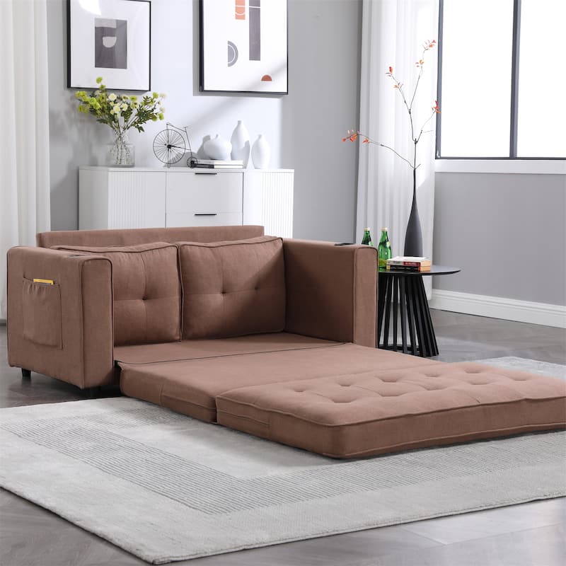 Upholstered Tufted Convertible Loveseat with Side Pockets