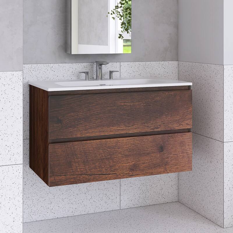 Floating Integrated Bathroom Vanity with Ceramic Sink, Three Faucet Holes