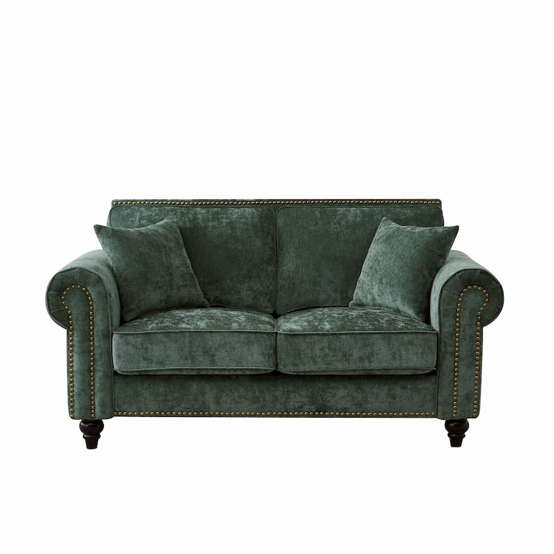 Modern Rolled Arm Chenille Sofa, 2-Seater Green Couch with Nailhead Trim, for Living and Room Apartment