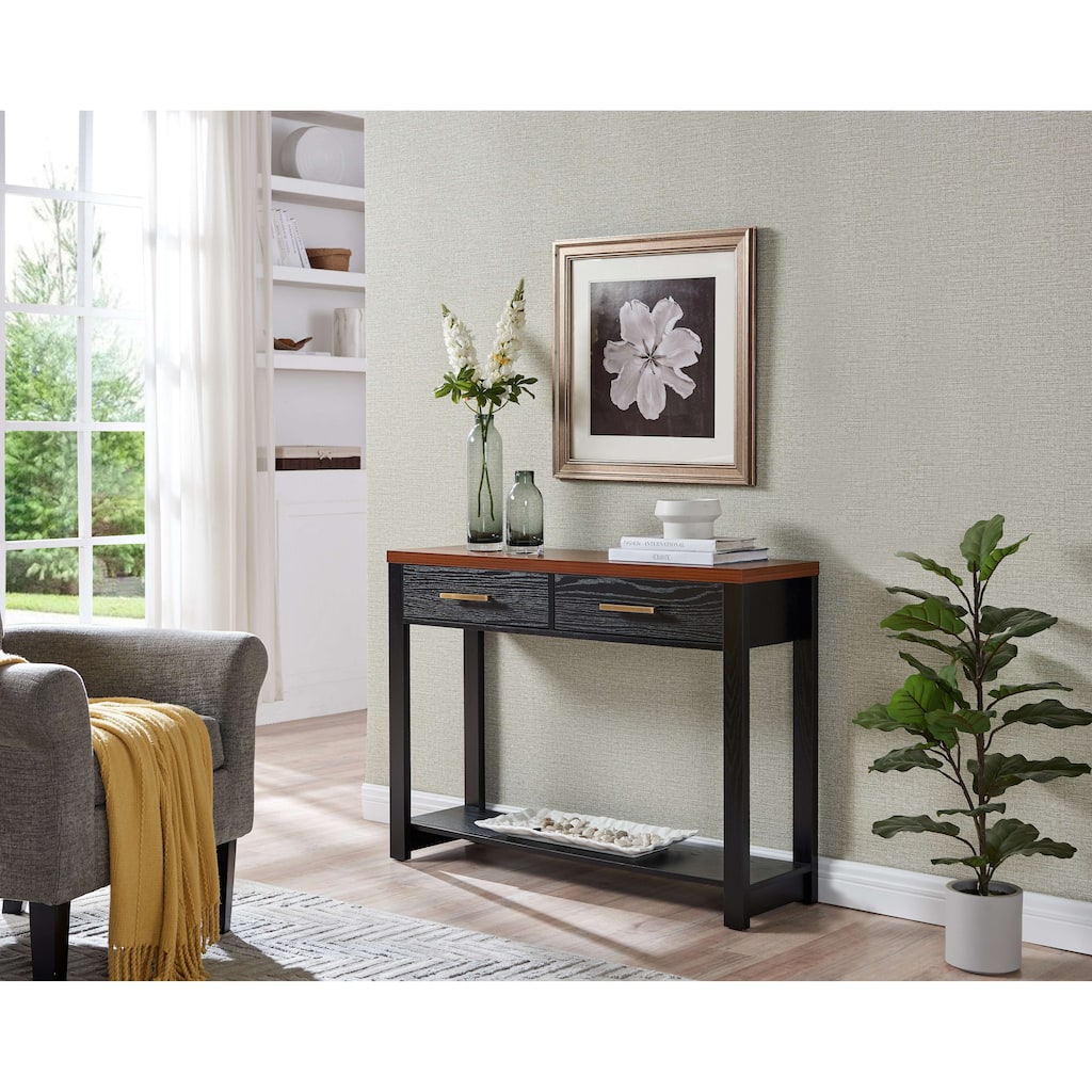 Console Sofa Table with 2 Storage Drawers and Open Shelf, Black/Walnut