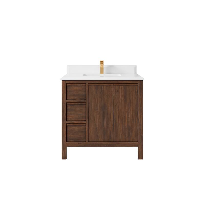 Willow Collections 36 in. W x 22 in. D Elizabeth Solid Teak Wood Center Sink Bathroom Vanity with Countertop - 1.5" White Quartz - Dark Walnut