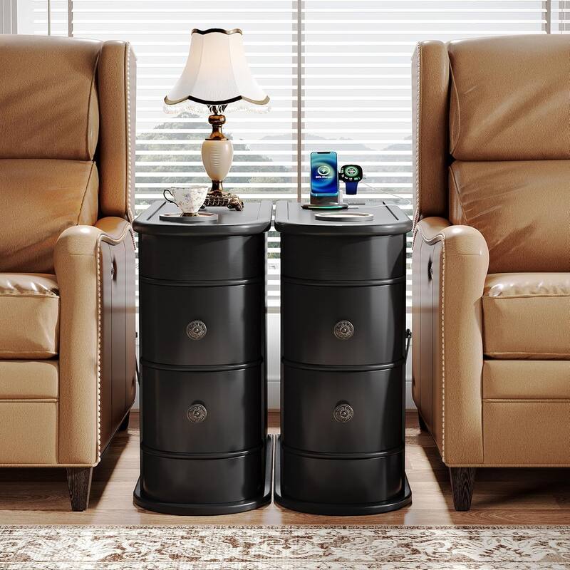 Solid Wood End Table, Two-Drawer Narrow Side Table, Fully Assembled - 2 PCS-2 Drawers - Black