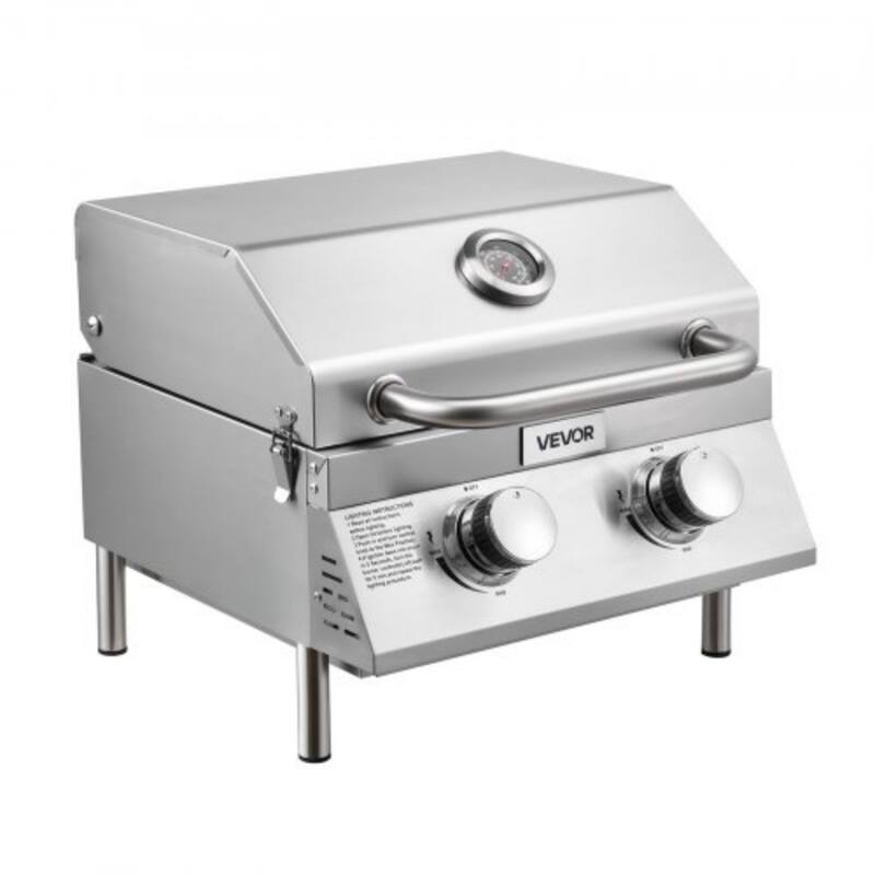 Silver Stainless Steel Tabletop Gas Grill with 2 Burners and Portable Handle - 17.72 x 17.72 x 13.78 in