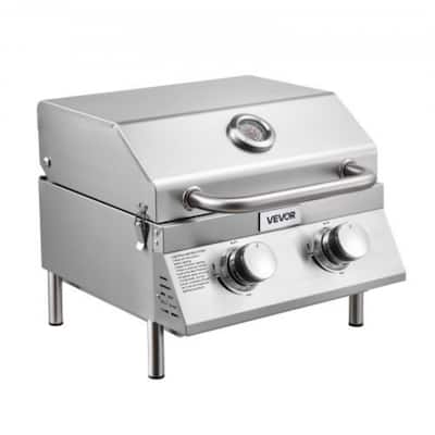 Silver Stainless Steel Tabletop Gas Grill with 2 Burners and Portable Handle - 17.72 x 17.72 x 13.78 in