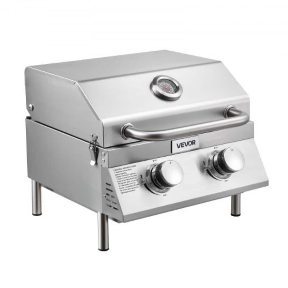 Silver Stainless Steel Tabletop Gas Grill with 2 Burners and Portable Handle - 17.72 x 17.72 x 13.78 in
