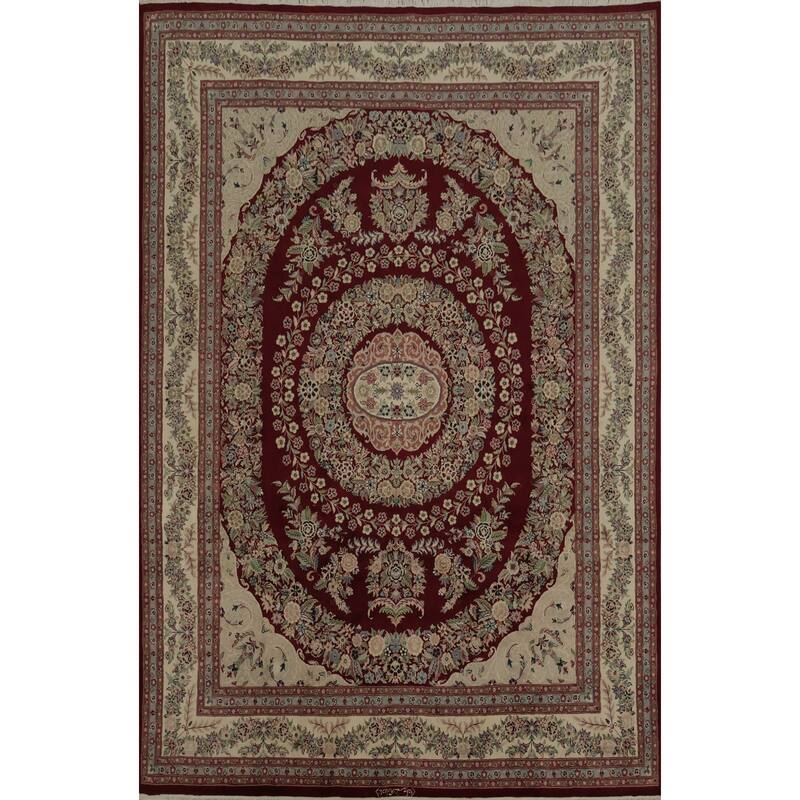 Hand Knotted Oriental 100% Wool Carpet Traditional Floral Red Aubusson Area Rug - 10' 3'' X 8' 0''