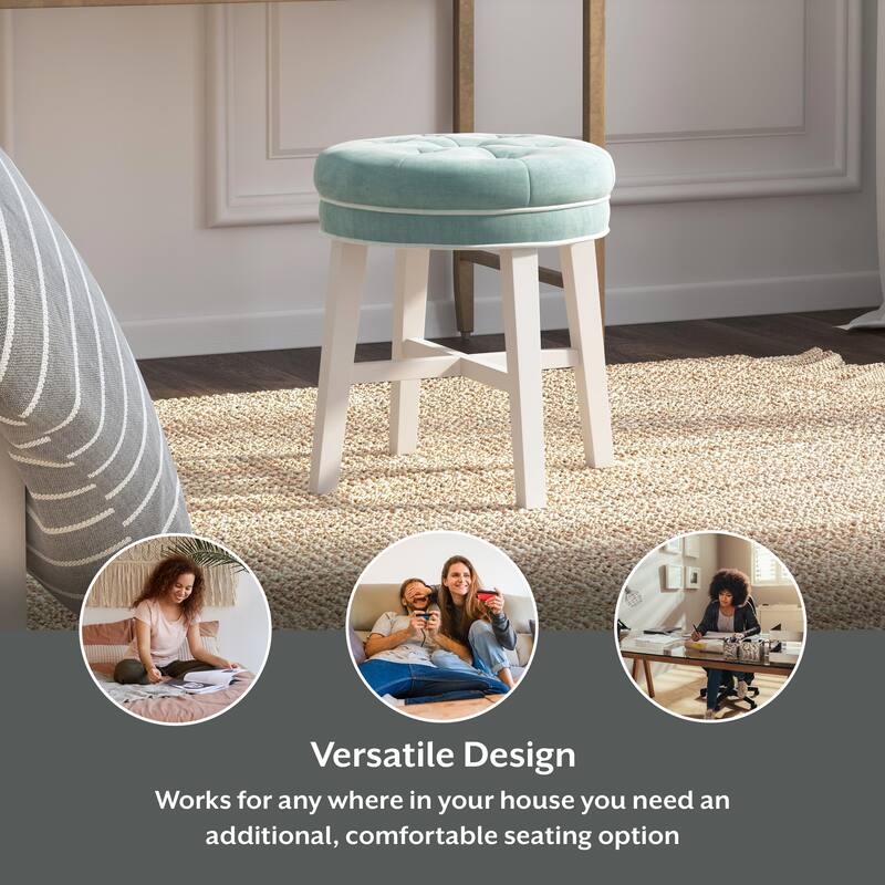 Hillsdale Furniture Sophia Tufted Backless Vanity Stool, White with Spa Blue Fabric - Spa Blue - 16" x 16" x 18"