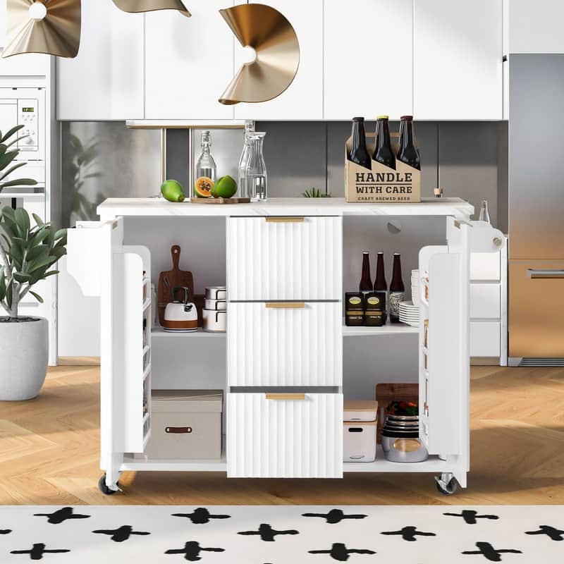 55.5" Fluted Kitchen Island with Drop Leaf and Storage Features Power Outlet and Adjustable Shelves