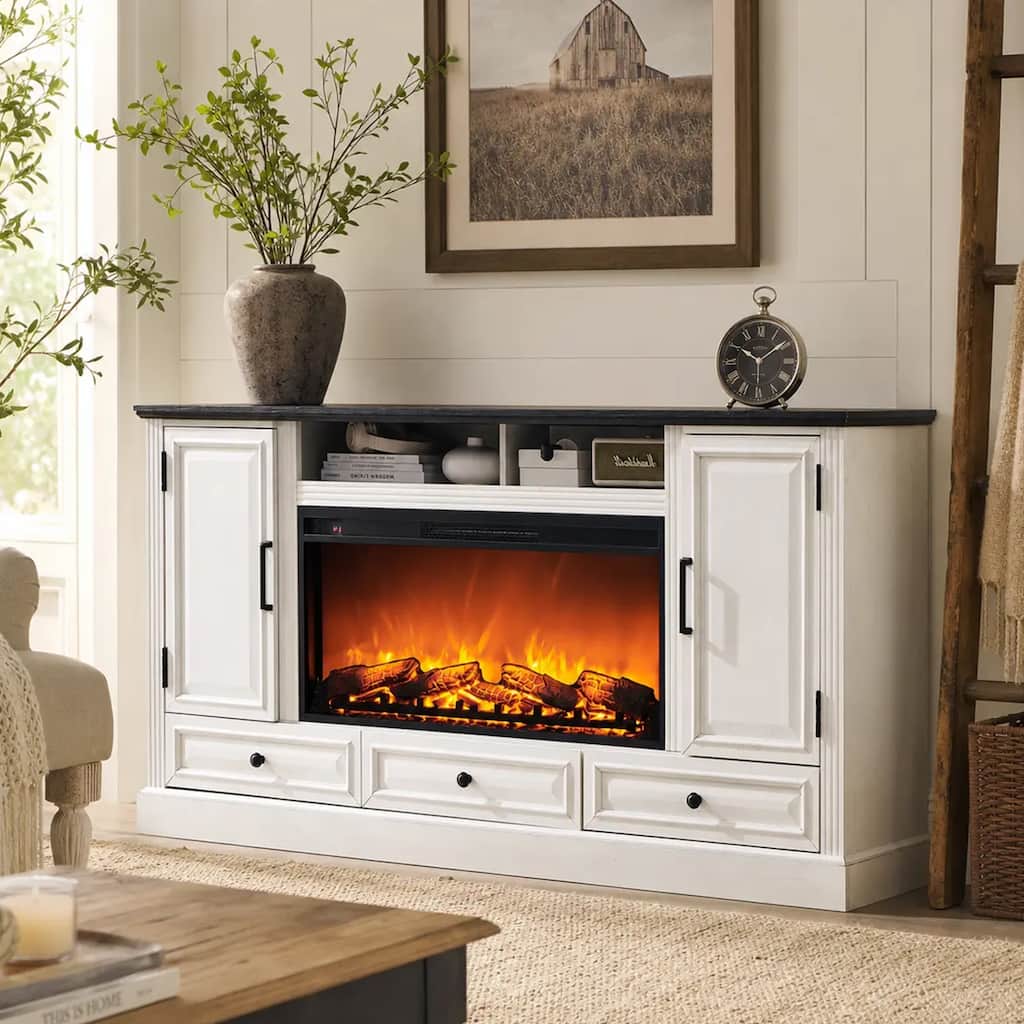 Farmhouse Fireplace TV Stand for 80 Inch TV, Entertainment Center