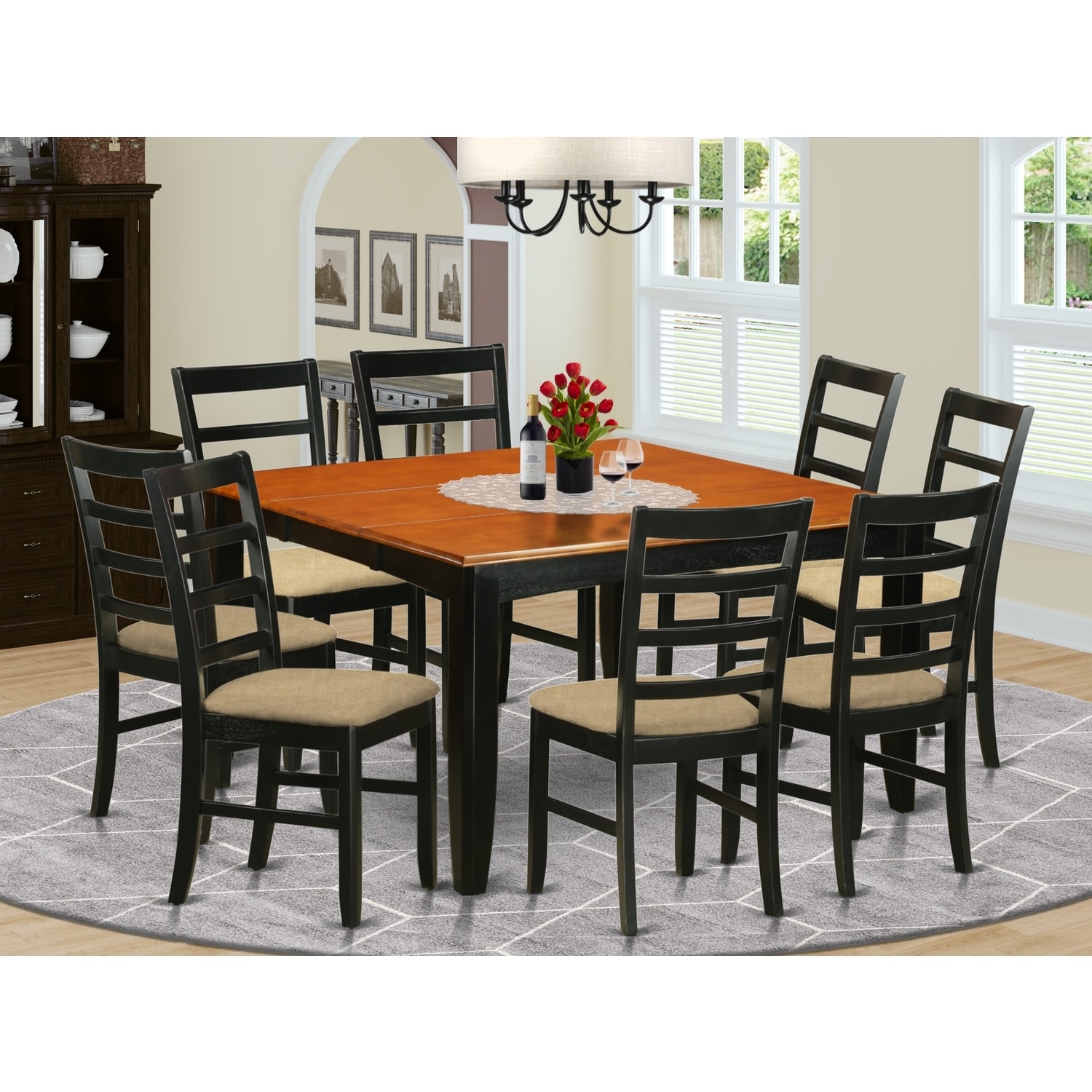 Mediterranean Dinette Set - Square Table with Leaf & 8 Chairs - Solid Wood Dining Room Furniture