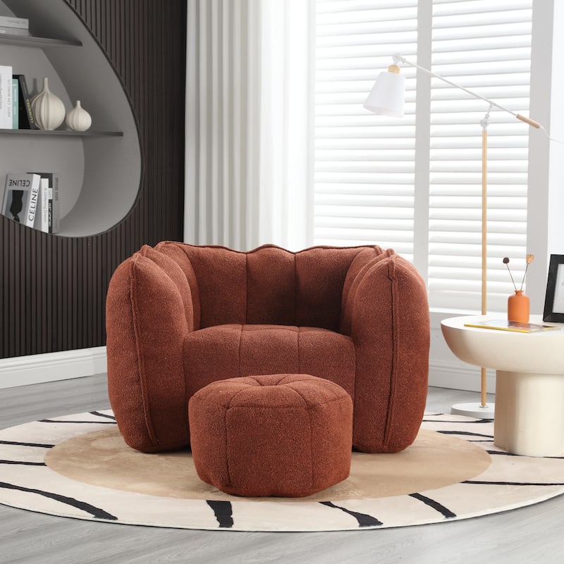 Red+Brown Modern 42.5" Chenille Upholstered Buttons Tufted Accent Chair with Ottoman for Living Room