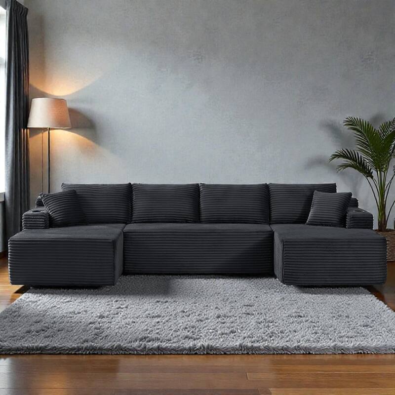 Compressible U-Shaped Modular Sectional Sofa, Corduroy Cloud Couch, 6-Seat Minimalist Living Room Sofa