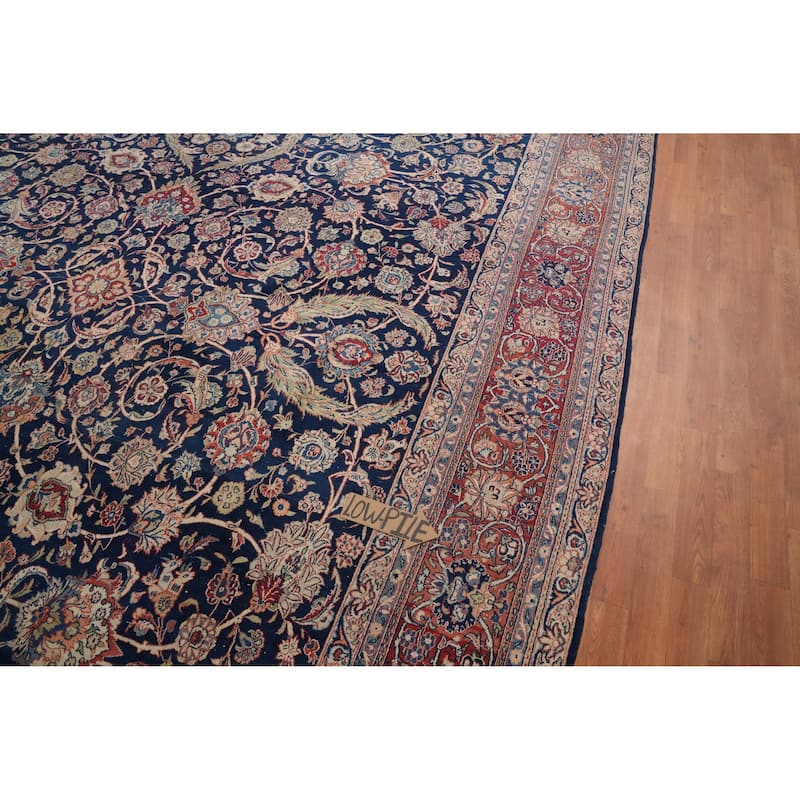 Hand Knotted Oriental 100% Wool Carpet Traditional Floral Navy Blue & Blues Kashan Area Rug - 14' 0'' X 10' 4''