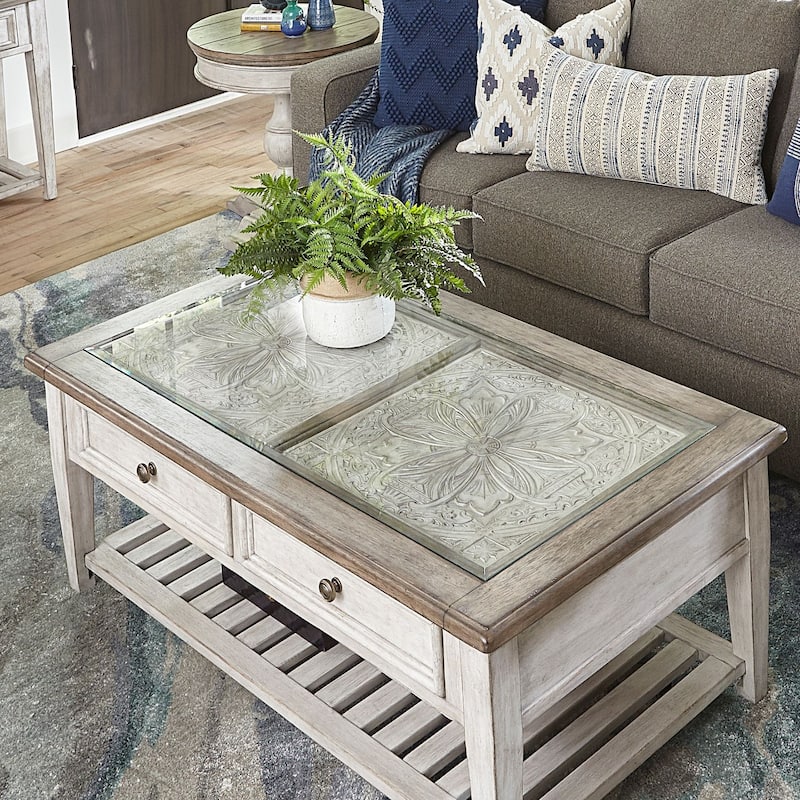Heartland Antique White Living Room Table Set 3 Piece with Coffee Table, Side Tables