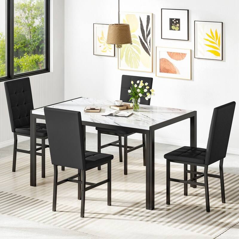 Grondin Faux Marble Kitchen Table And Chairs Set for 4, Modern Dining Room Table With 4 Armless Upholstered Dining Chairs - Black Faux Leather