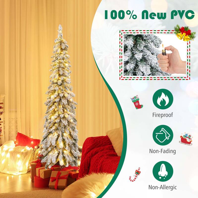 4 /5/6FT Pre-Lit Slim Christmas Tree Flocked Decoration LED Lights