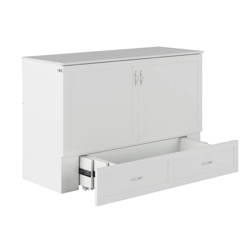 Raleigh Queen Murphy Bed Chest with 6" Mattress, Storage Drawer & Built-In Charger in White