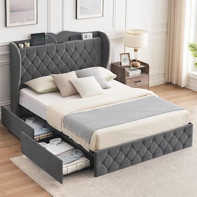 Grey Upholstered Platform Bed with Drawers and Charging Station