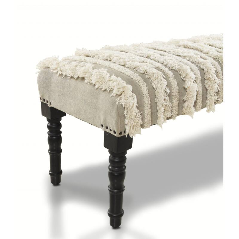 Wood Cream Cotton Upholstered Bedroom Bench Striped Pattern Nailhead Trim - 16” D X 47” W x 18” H