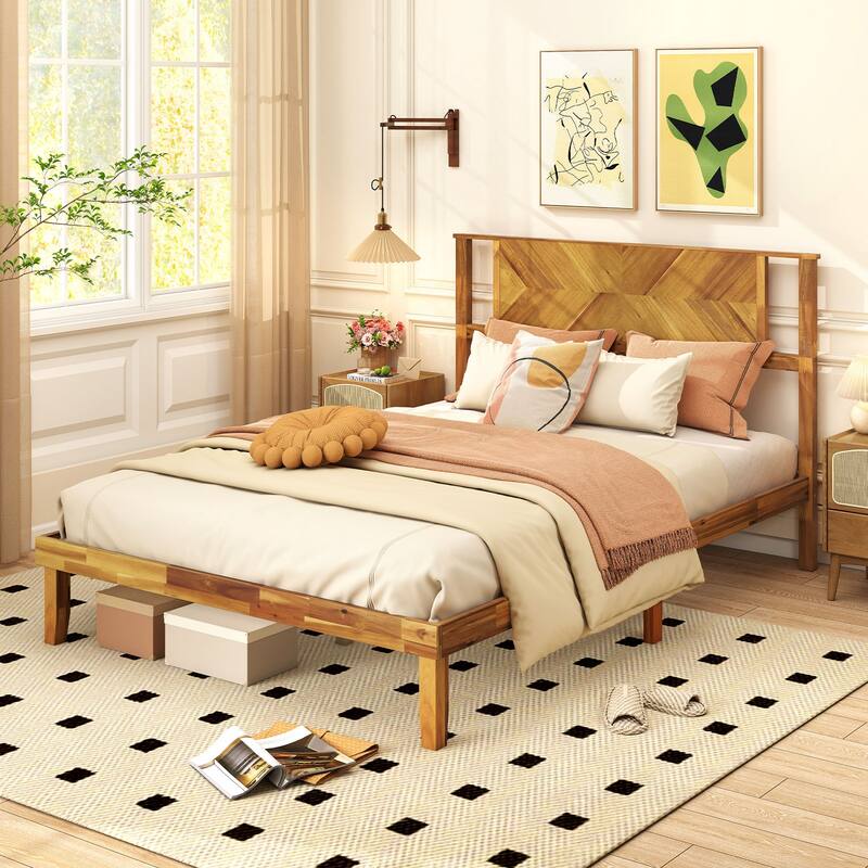 Rustic Golden Brown Twin Size Wooden Platform Bed Frame with Headboard and Under Bed Storage Acacia Wood Construction