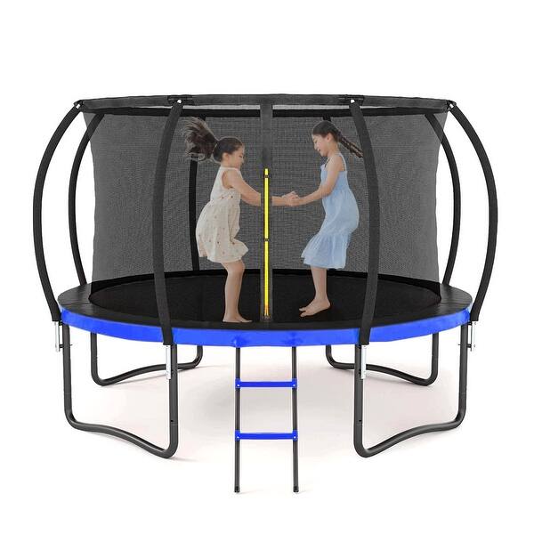 slide 2 of 8, 12FT Outdoor Trampoline Big Stable Trampoline With Inner Safety Enclosure Net, Ladder, PVC Spring Cover Padding - Black+Blue Black+Blue