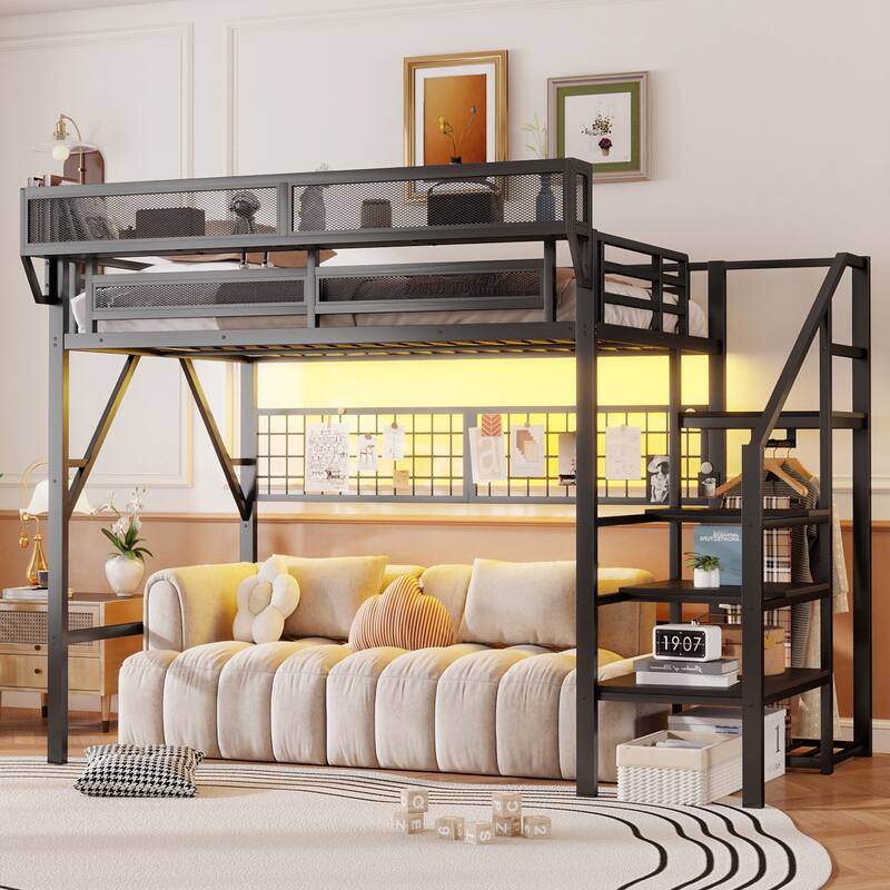 Queen/Full Loft Bed with Stairs, Storage & Wardrobe, Metal High Loft Bed with Lighting