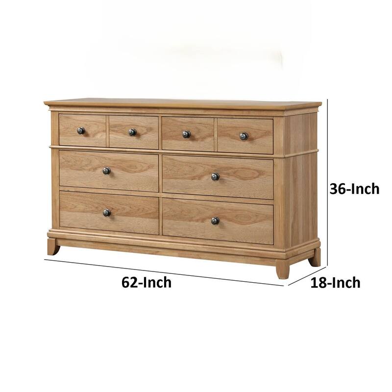 Lexa Wide Dresser, 6 Drawers, Natural Oak Brown Solid Wood, Pewter Metal