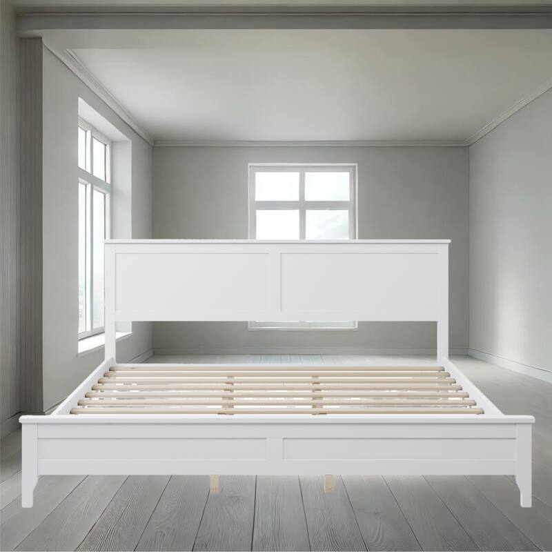 Durable Pine Wood Platform Bed with Slat Design Headboard, Full, Queen, King Options