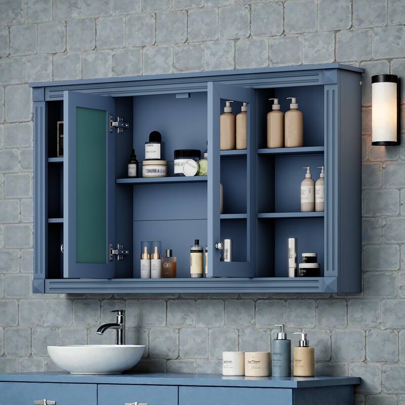 47 Inch Wall Mounted Bathroom Mirror Medicine Cabinet with Storage, Adjustable Shelf and Open Shelves