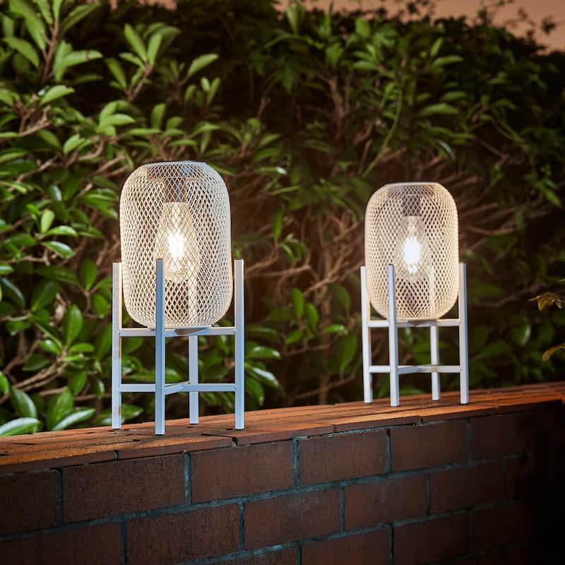 Glitzhome 14"H White Metal Mesh Outdoor Solar Lantern with Stand