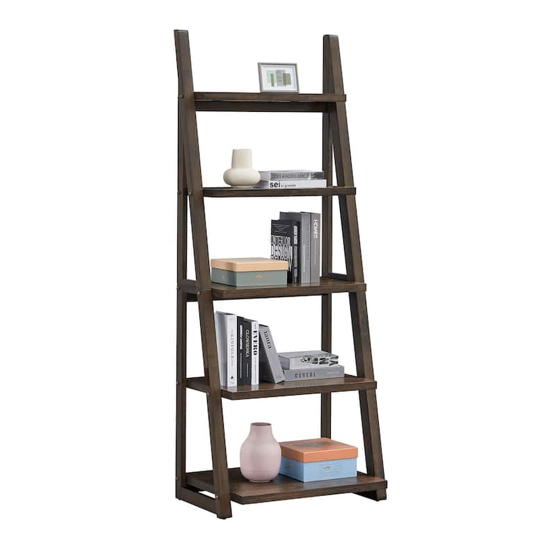 GDF Studio - Modern 5-Tier Ladder Bookshelf with Solid Rubber Wood Frame and MDF Shelves