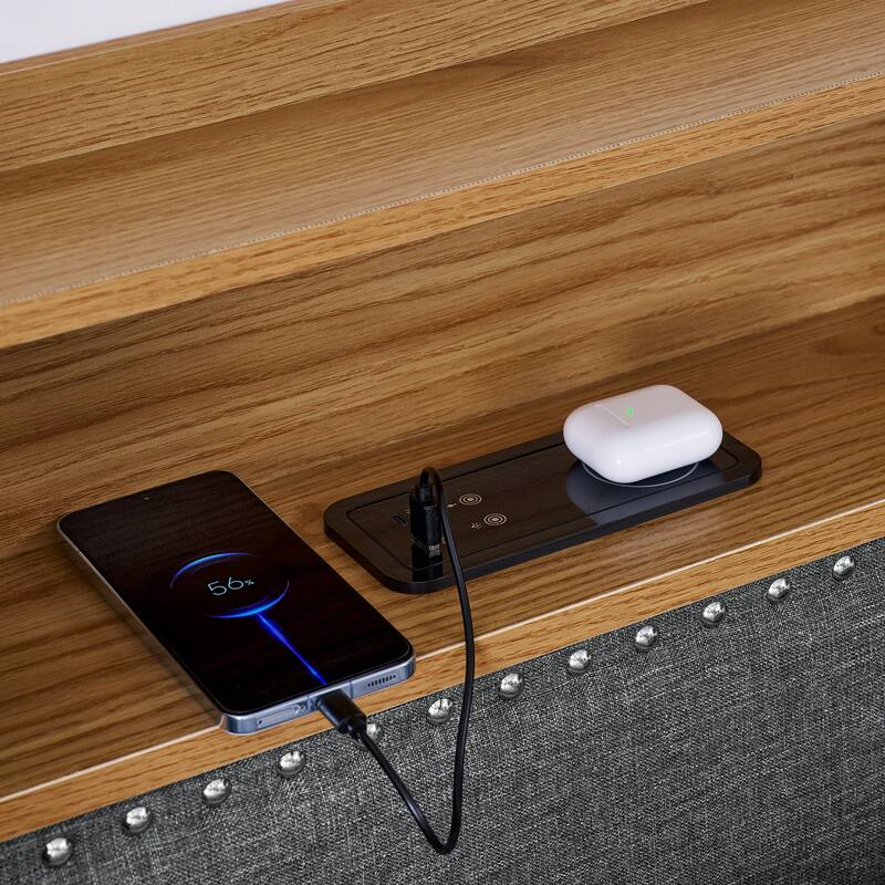 Versatile Storage Bedframe Twin Size Linen Upholstered Daybed with LED Lights, Open Shelves and Wireless Charging