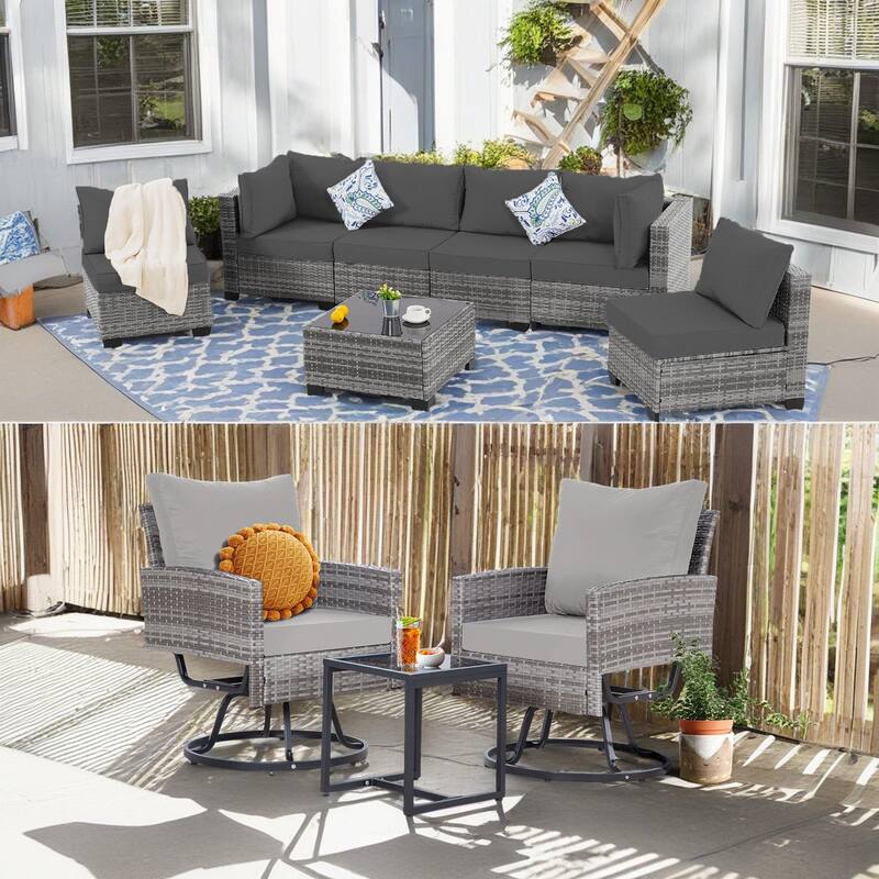 10-Piece Gray Wicker Patio Conversation Set,6 Sofas, 2 Swivel Chairs,2 Table