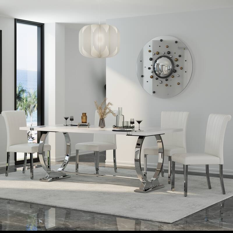 Luxury Dining Table Set with PU Leather Dining Chairs - White and Silver - Table with 4 Chairs