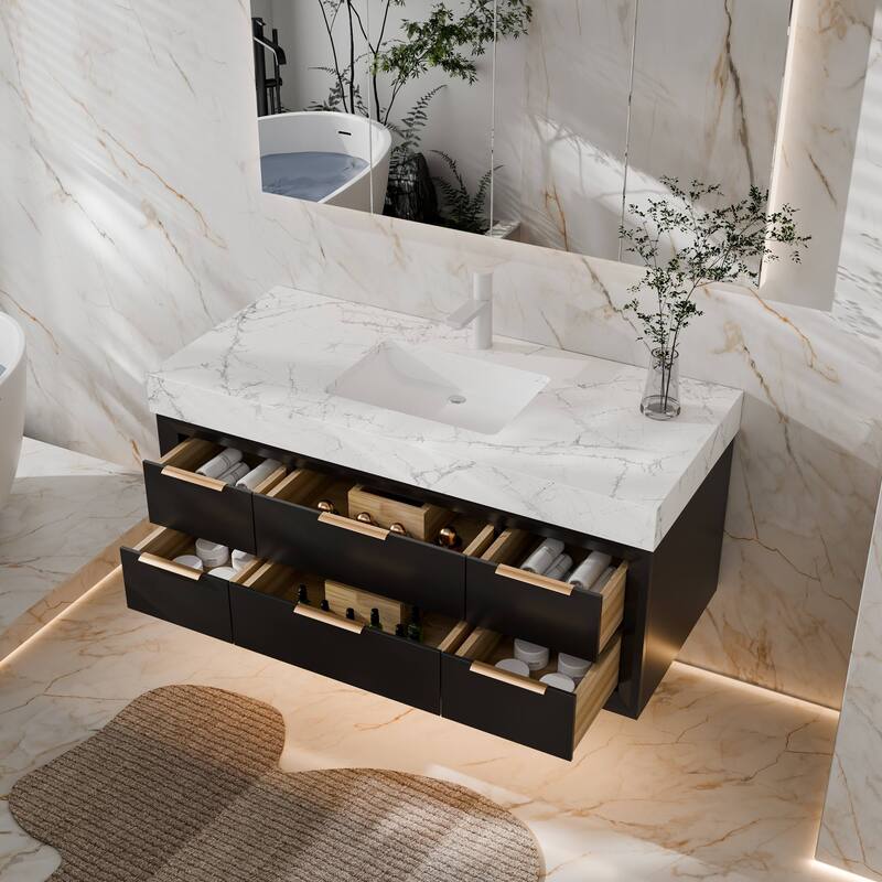 Modland 48" Modern Floating Bathroom Vanity with Single Sink, Soft-Close Drawers, White Stone Countertop