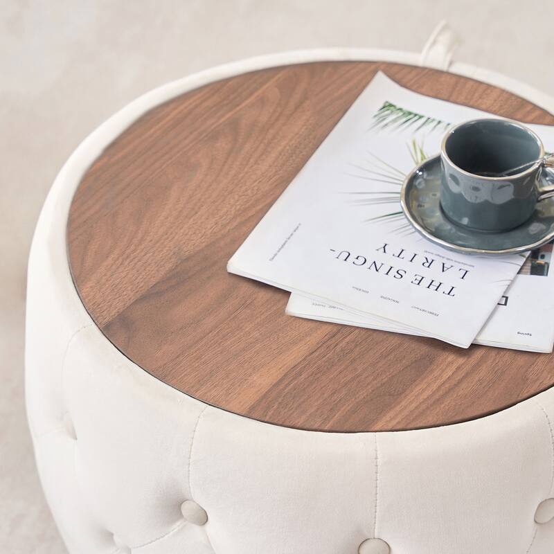 Luxurious Nesting Ottomans of 2, Round Storage Foot Stool with Wood Tray