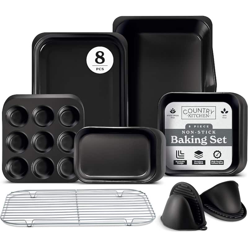 Country Kitchen 8-Piece Bakeware Set, Nonstick Baking Pans & Nesting Baking Sheets, Durable Steel, Grey - Black