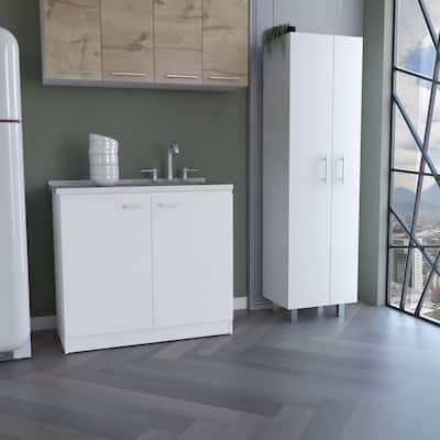FM Furniture Safford 2 Piece Kitchen Set, Oklahoma Utility Sink Cabinet and Norway Broom Closet Pantry