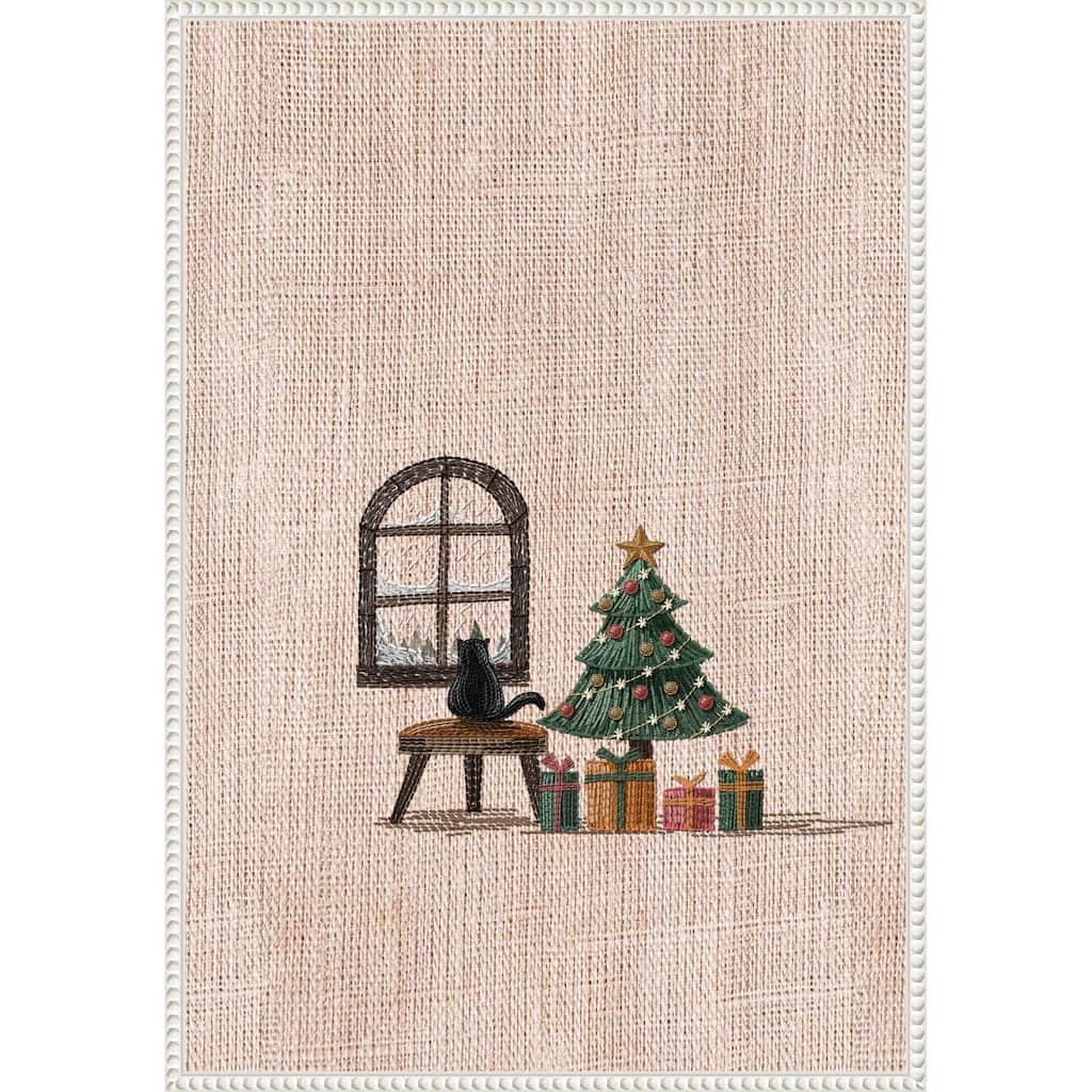 Cat in Cozy room by Xuan Thai (23 x 33 in.), Framed Canvas Wall Art Print - Sylvie Beaded White