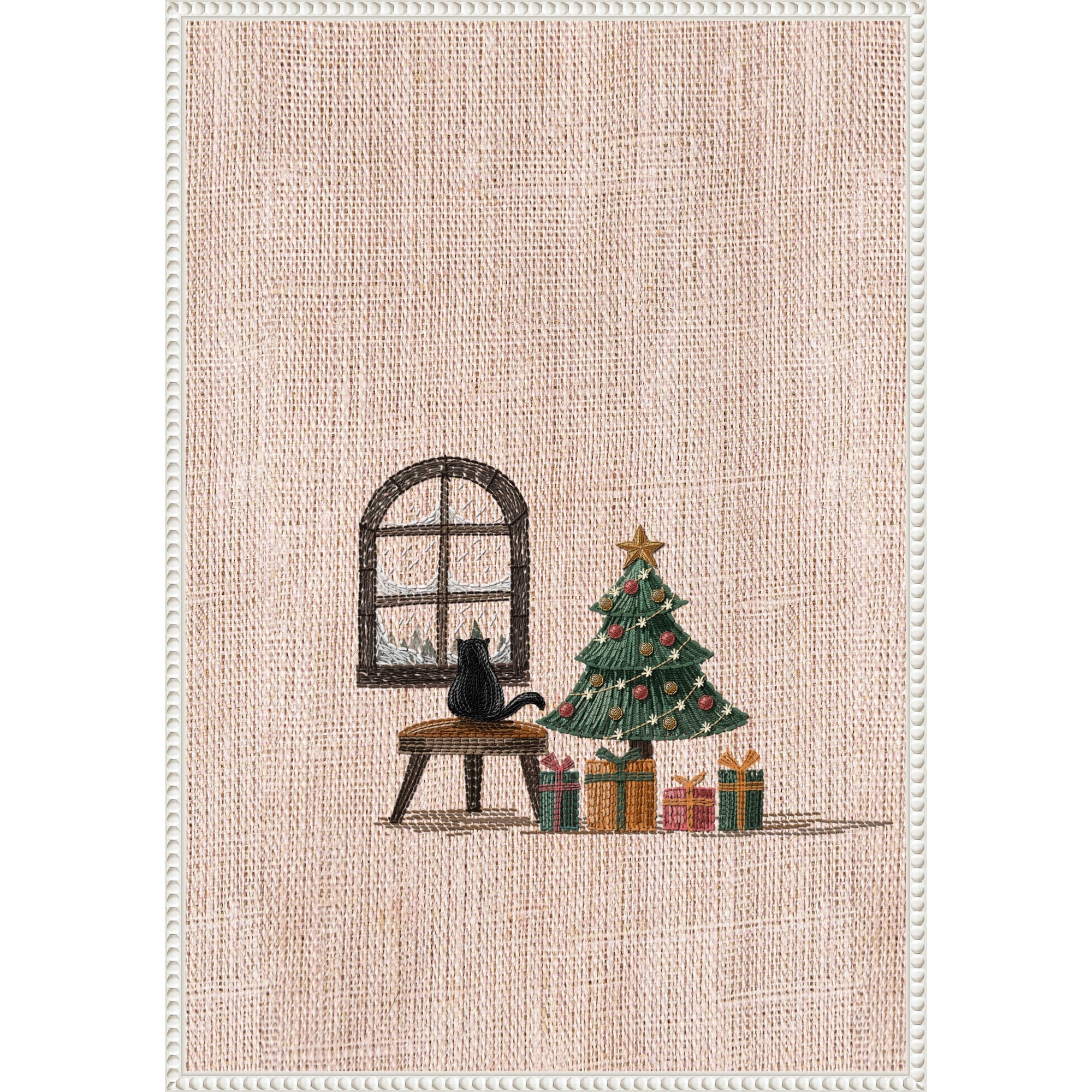 Cat in Cozy room by Xuan Thai (23 x 33 in.), Framed Canvas Wall Art Print - Sylvie Beaded White