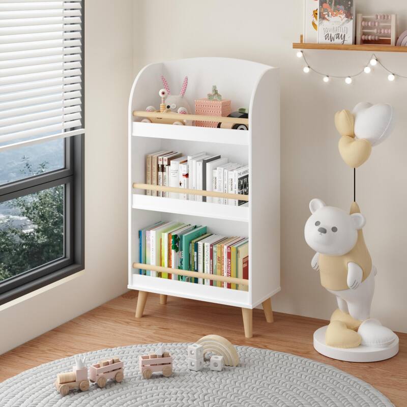 Anmytek White Arched Top Kids Bookshelf Nursery and Playroom Storage with Pine Legs