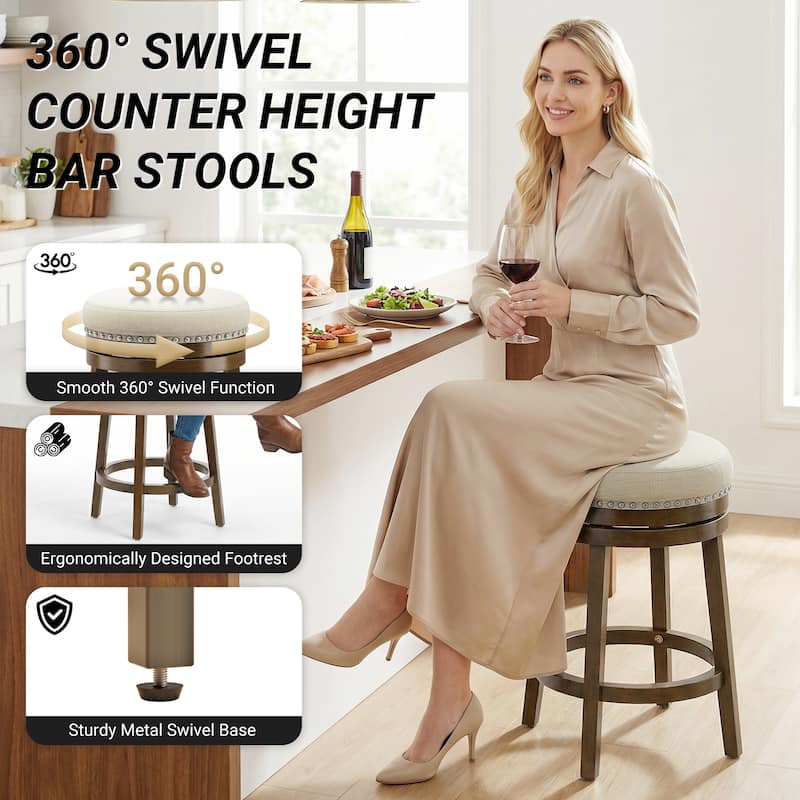 Swivel Counter Height Bar Stool with Upholstered Seat Solid Wood Frame